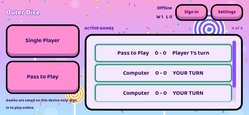 The offline home screen with Single Player and Pass to Play buttons and a list of saved games