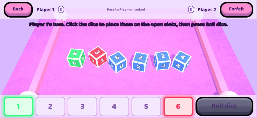 The game table in the Candy Pop theme: a lilac table with six dice and a row of numbered slots